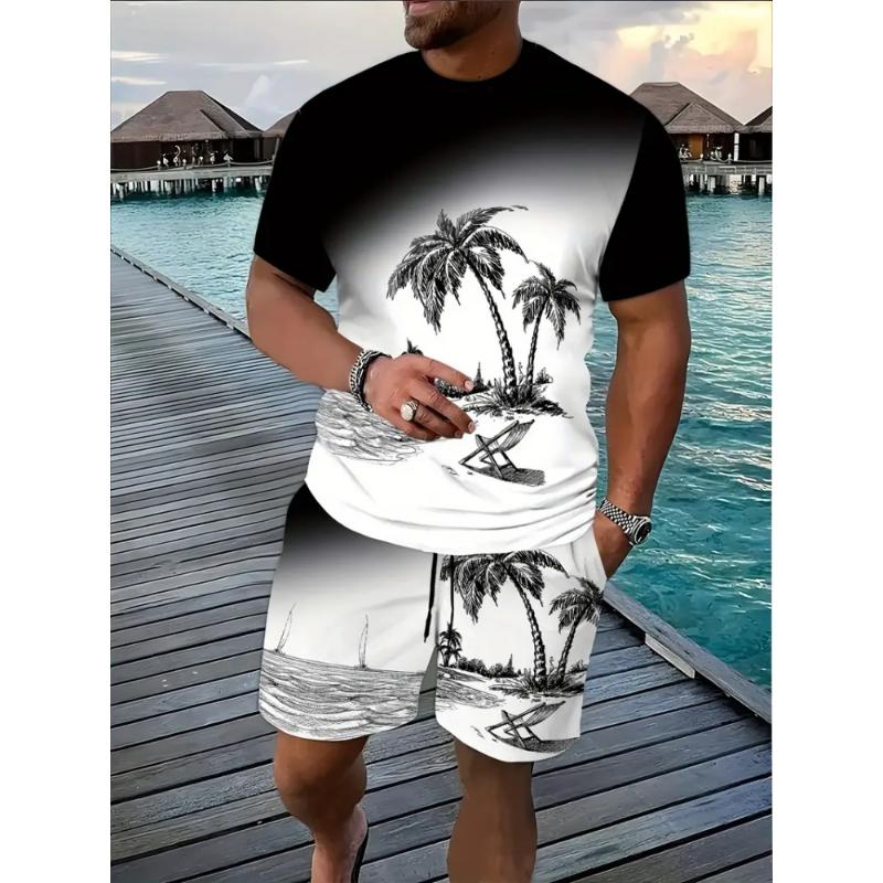 Summer Men's Casual Short Sleeve Suit Retro Palm Print Casual Holiday Fashion Street Wear Short Sleeve Shorts 2 Pieces