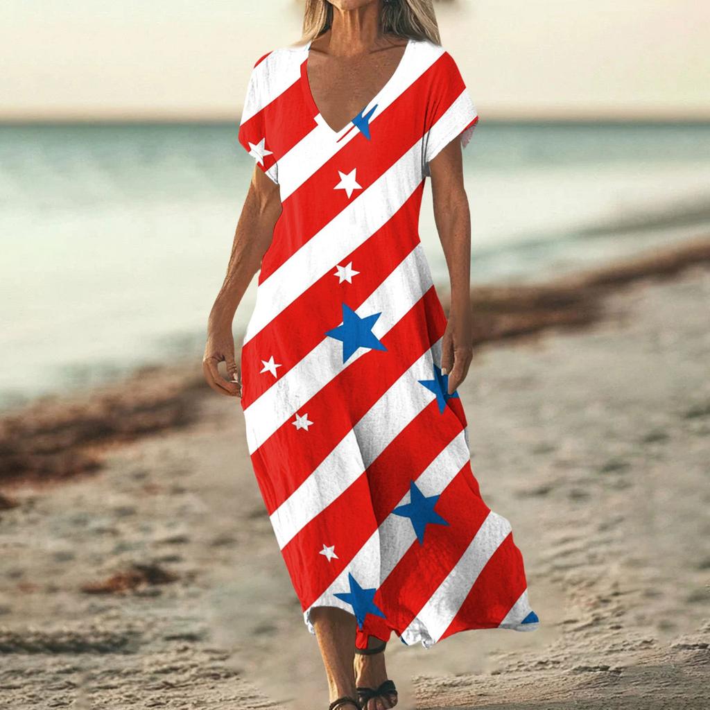 Women’s Short Sleeve V Neck Maxi Dress with Star Print Loose Fit Casual Summer Long Dress for Daily Wear