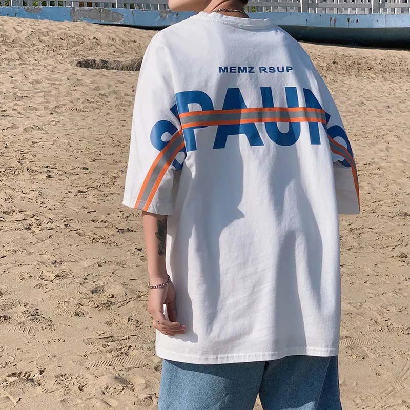 

Летняя футболка с пятиточечным рукавом и буквенным принтом на спине, студенческий бренд Tide, свободный повседневный мужской топ с короткими рукавами M