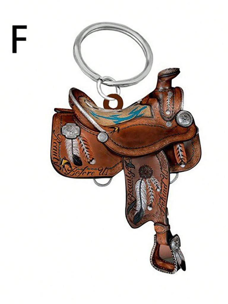 1 Pc Western Cowboy Saddle Acrylic 2D Keychain Pendant Personalized Decoration Universal Men's and Women's Flat Keychain