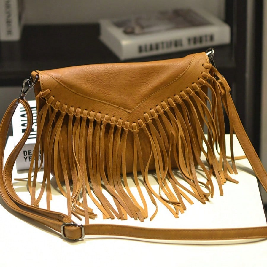 Sac Enveloppe Décontracté pour Femme à Franges Sac Bandoulière Messager Mode brown multicolore