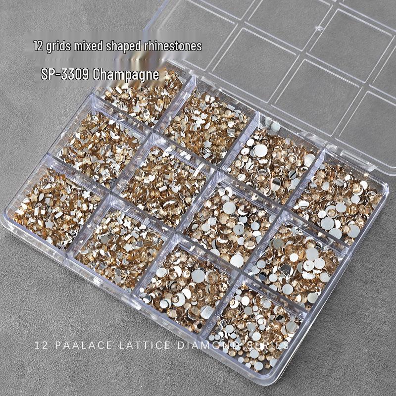 Nail Art Irregular Resin & Colored Rhinestones Set - Flatback, 12 Grids of Mixed Clear Diamonds