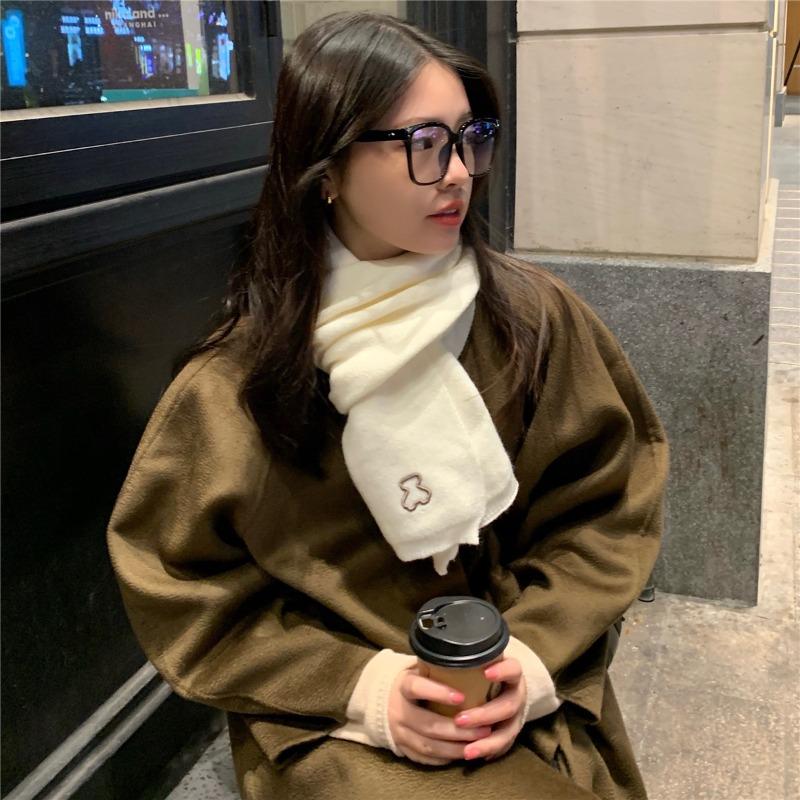 Cute bear embroidered knitted scarf female autumn and winter versatile student warm solid color scarf male