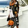 Women's Halloween Print V-Neck Long Sleeve Dress with Pockets for Casual Everyday Wear