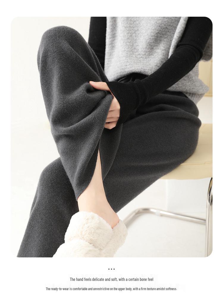 

All-Wool High-Waisted Warm Knit Trousers - Soft, Sticky, Straight-Leg Loose Casual Pants Large темно-серого