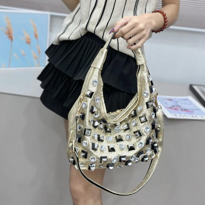 Stylish Rhinestone-Embellished Large Capacity Tote Bag Women Crossbody Commuter Shoulder In White Red Black Gold