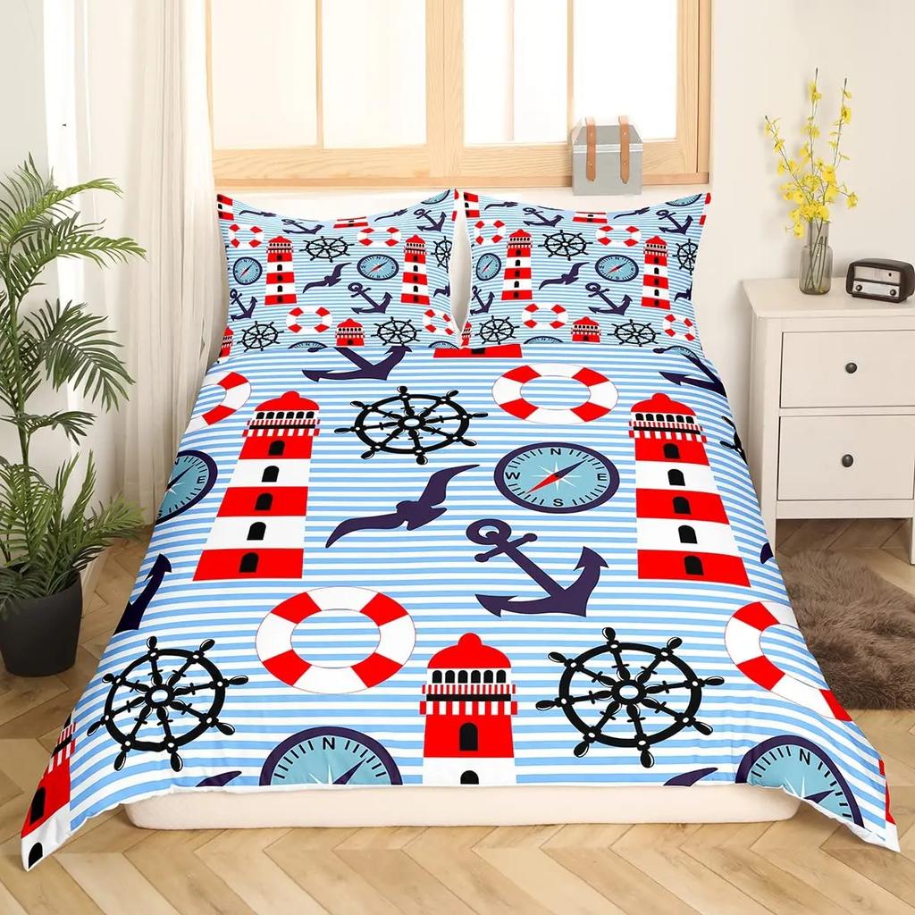 Nautical Anchor Pattern Duvet Cover Set King,Geometric Stripes Ocean Adventure Theme Quilt Navy Blue and Red Bedding Set 3pcs