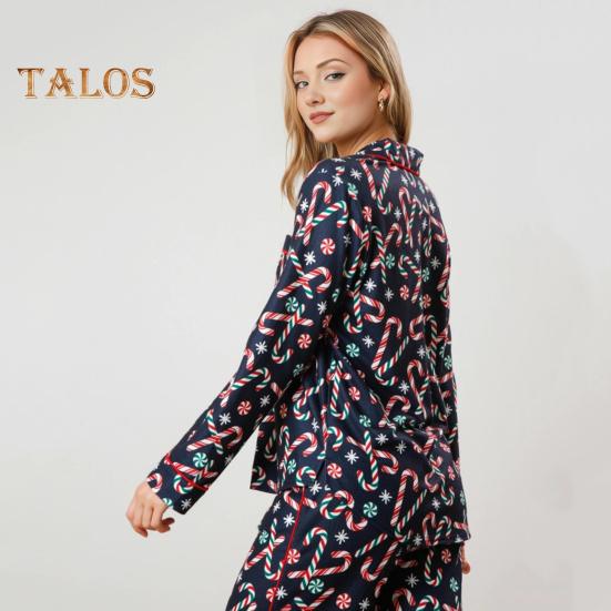 2 buc/set Set pijamale de Crăciun pentru femeie Moș Crăciun imprimeu rever cu mâneci lungi cămașă cu un singur piept, talie elastică, picior lat, îmbrăcăminte pentru casă, cămașă de noapte