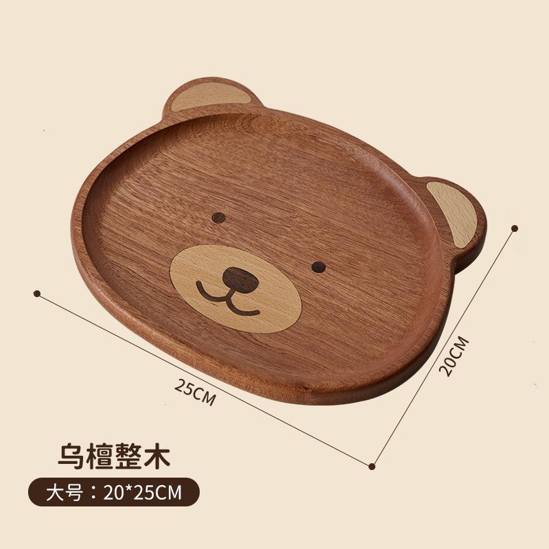 Cute Bear Plate Ebony Walnut Japanese Style High Value Wooden Plate Cartoon Fruit Serving Tray Round Bear Plate