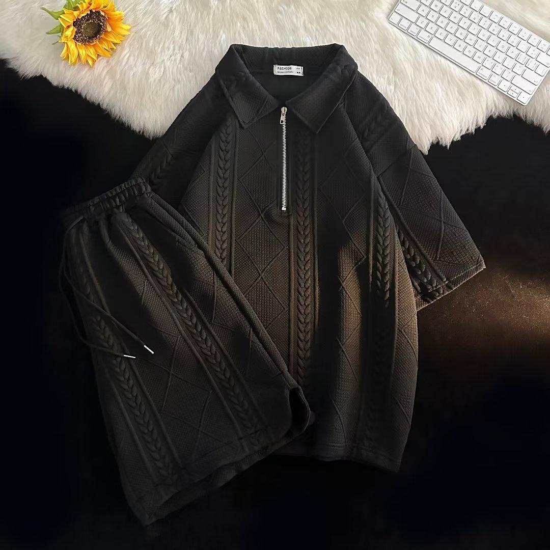 

Men s Summer Korean-Style Athletic Set Student Short-Sleeve Loose-Fit T-Shirt + Cropped Pants Simple Two-Piece Set XS чорний