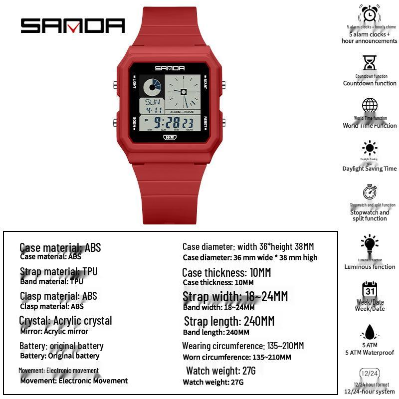 Sanda Multifunctional Waterproof Luminous Electronic Watch with World Time & Alarm - Ideal for Students
