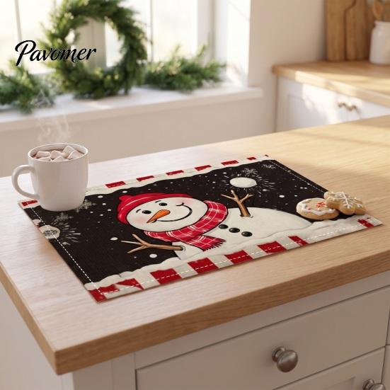 Winter Theme Table Settings Christmas Snowman Placemat, Festive Dining 11.8" x 17.7" Washable Placemats Fabric Place Mat, Heat Insulation Mat