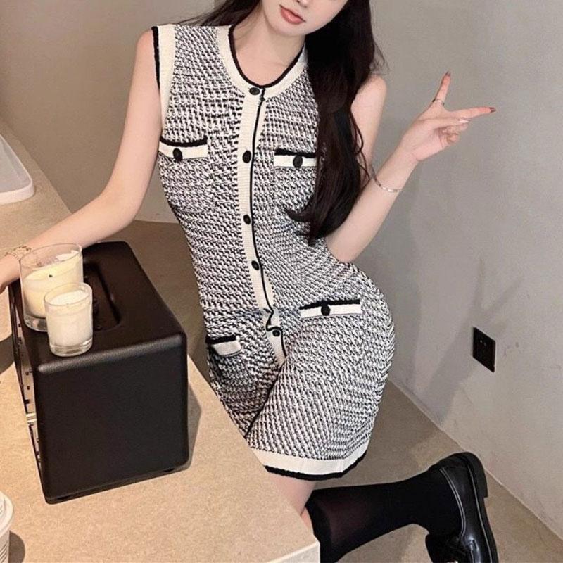 French Retro Light Luxury Socialite Temperament Small Fragrance Style Dress for Women Slim Knitted Ice Silk Hip Vest Skirt