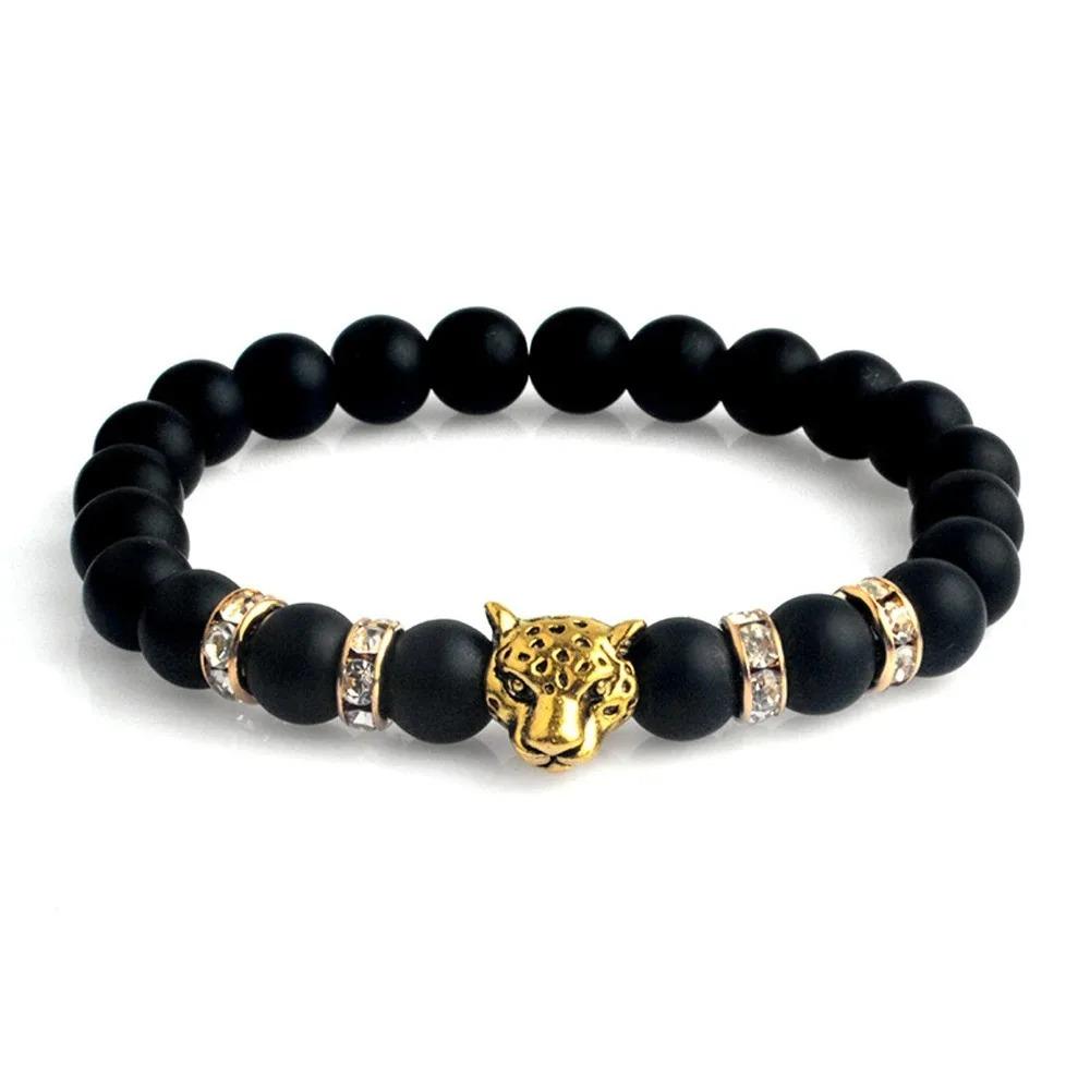 SUMENG Men Matte Black Onyx Tiger Leopard Beaded Bracelet Natural Stone Lucky Charm Strand Bracelet Fashion Jewelry Accessories