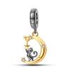 100% Real S925 Silver Moon Black Cat Charms Fit Qikaola Bracelet&Bangle For Women Birthday Fine Jewelry Gift