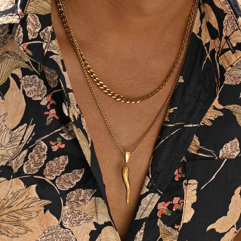 Vnox Stainless Steel 2pcs Necklaces For Men Boys, Two Style Chains Cool Italian Horn Pendant, Talisman Protection Gifts To Teen