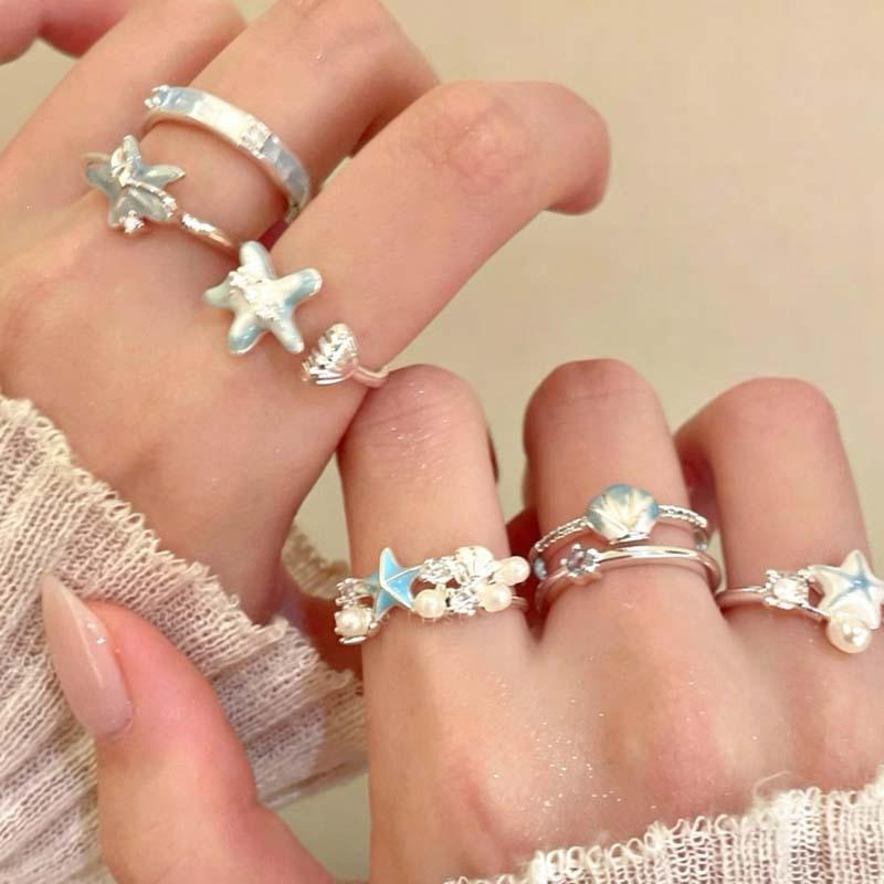 Sea Salt Milk ~ Blue Starfish Shell Ring, Women's Seaside Vacation Style, Stackable Niche Design, Index Finger Ring