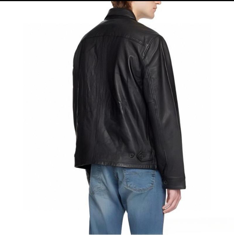 EastRogue Vintage Americká motocyklová kožená bunda s dlouhým rukávem, zapínáním na zip a límečkem polo, v jednobarevném provedení s výšivkou válečné lodi.