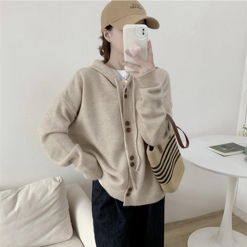 Casual Hooded Knitted Cardigan Top Women's Autumn and Winter New Simple and Versatile Loose Lazy Sweater Jacket