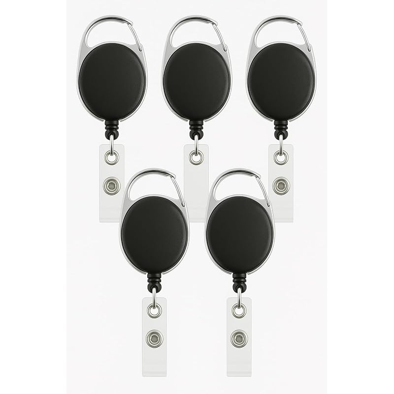 Accuprints Pack Of 5 Oval Round Reel Id Card Holder, Id Badge Reel Clip On Card Holders (5 Units, Black)