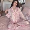 Love Striped Pink Ice Silk Pajamas Female Cute Wind Soft and Comfortable Loungewear 1 Autumn New Girlfriend