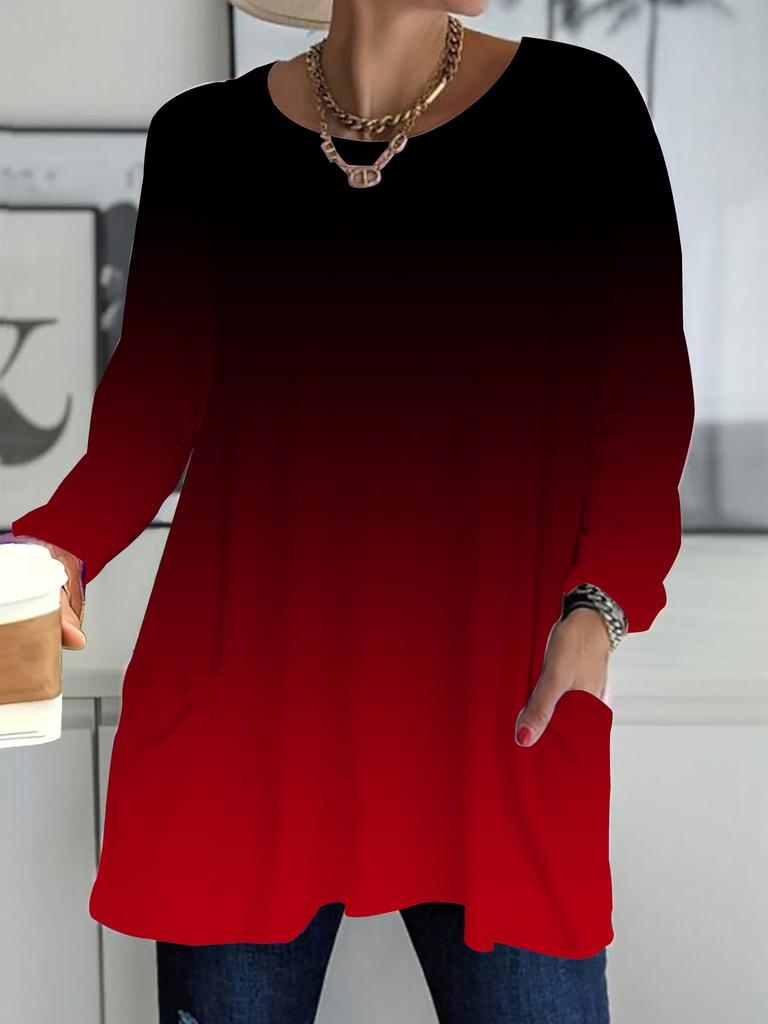 Jesień Zima 2025 Nowe Damskie Bluzki Plus Size, Modne T-Shirty z Dekoltem Okrągłym i Długim Rękawem z Nadrukiem 3D w Kolorze Gradientowym