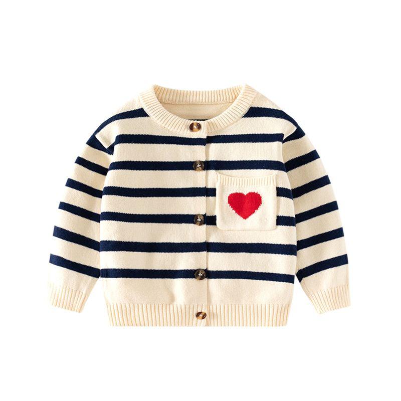 Spring and Autumn Kids Striped Sweater Coat Love Heart-Shaped Men and Women Kids' Sweater Baby Girl Long Sleeve Sweater Cardigan