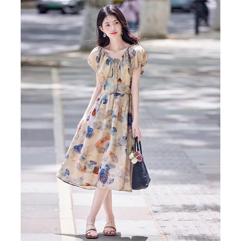 

French Retro Printed Lantern Sleeve A-Line Midi Dress L