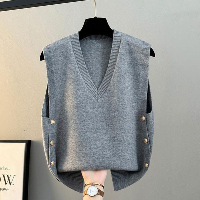 2025 Autumn Winter Sleeveless Knitted Pullover Women Sweater Vest Fashion Elegant V Neck Loose Outer Wear Casual Versatile Tank Tops Office Clothing
