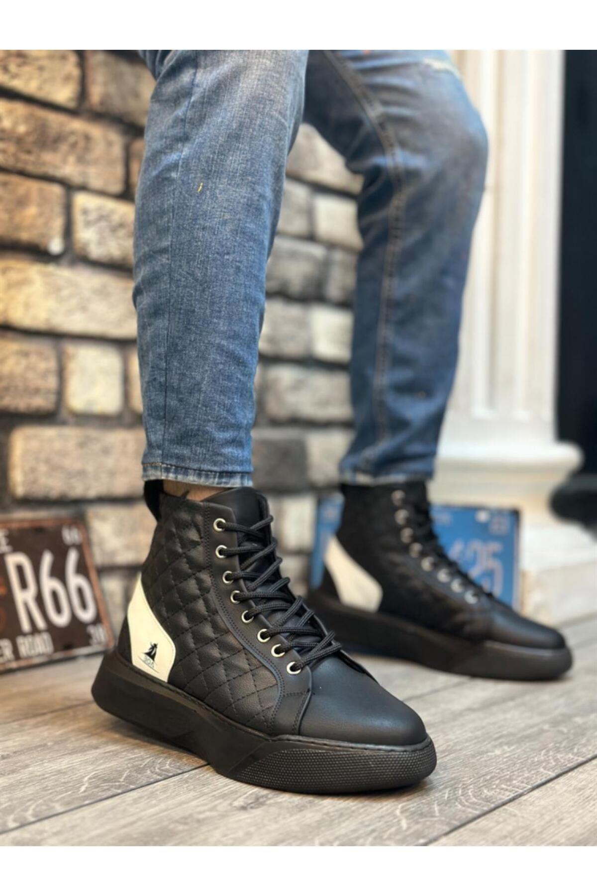 

Men s Fashion Bootie Glb Lace-Up High Sole Black White Sports Boots Shoes 40