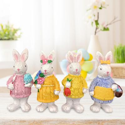 4Pcs Easter Bunny Figurine Holding Flower Egg Knitted Sweater Rabbit Statue Spring Easter Holiday Party Decoration