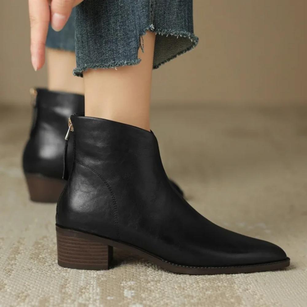 Fashion Pointed Brown Retro Ankle Boots Women's Autumn Winter British Style V-neck Short Boots Woman's Medium Heel Leather Shoes Zapatos