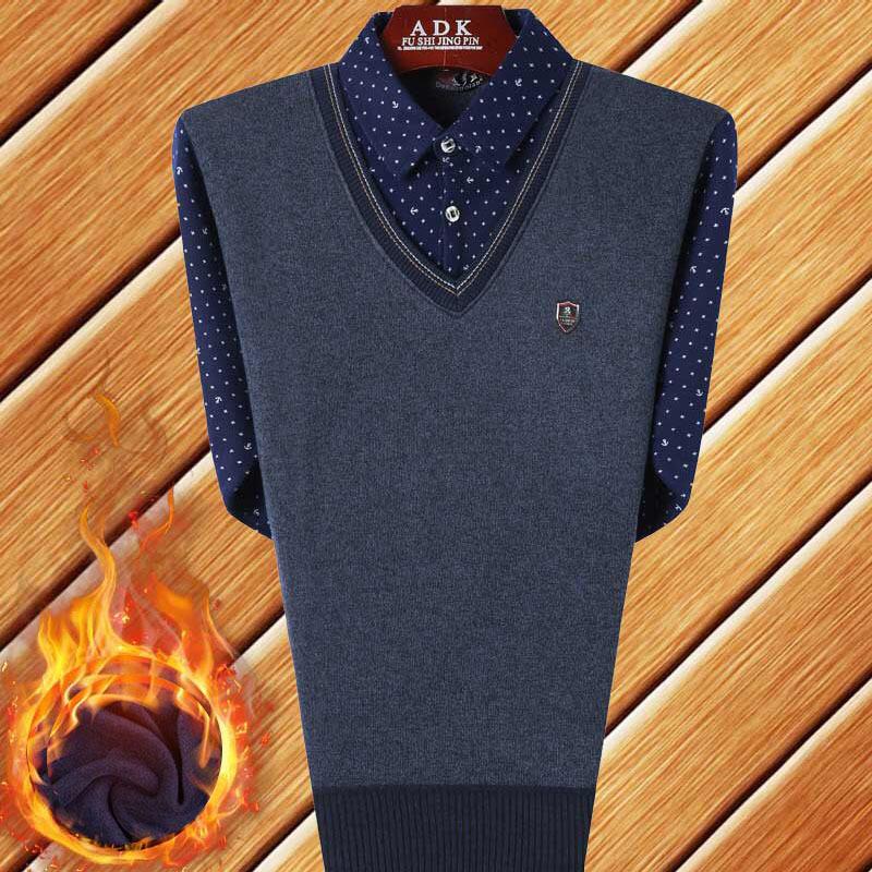 Men's Autumn/Winter Knit Sweater with Fake Two-Piece Shirt Collar - Plus Velvet, Middle-Aged & Young Styles.