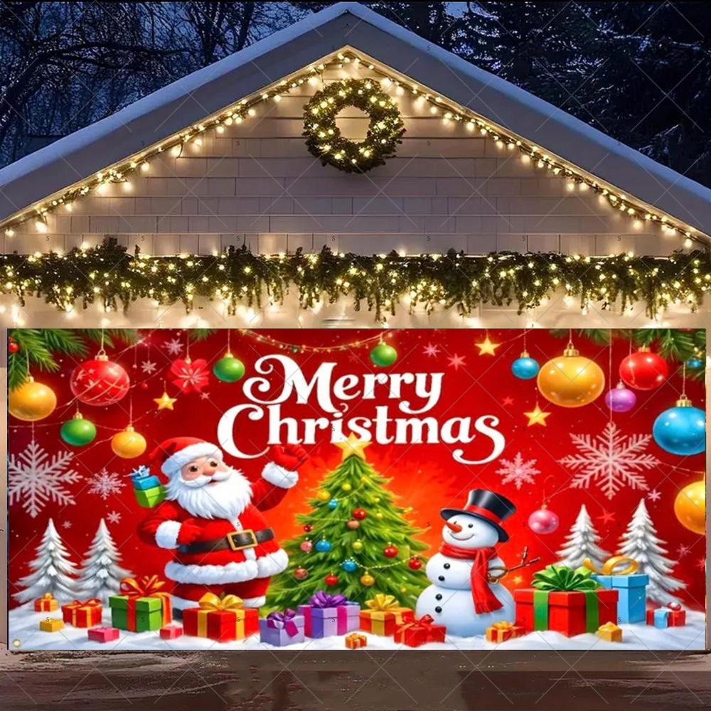 Merry Christmas Garage Door Background Banner Xmas Tree Gift Santa Claus Backdrop Winter Christmas Party Outdoor Wall Decoration