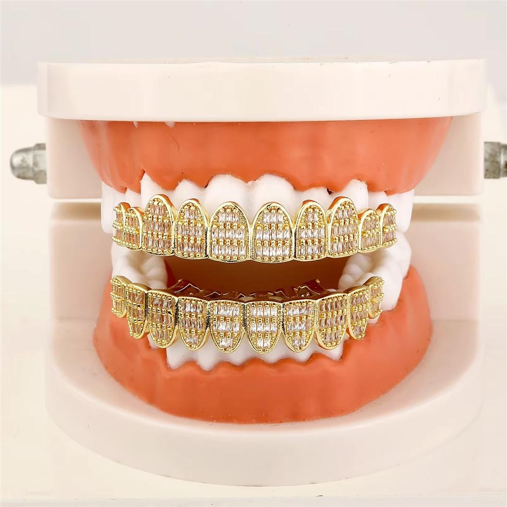 Full Paved 3 Rows T Square CZ Grillz 10 Teeth Brass Real Gold Plated Hip Hop Cool Rapper Teeth Grills Halloween Cosplay Bulk