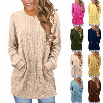 Women's Fashion Loose-Fit Round Neck T-Shirt Colour Pocketed Long-Sleeved Top