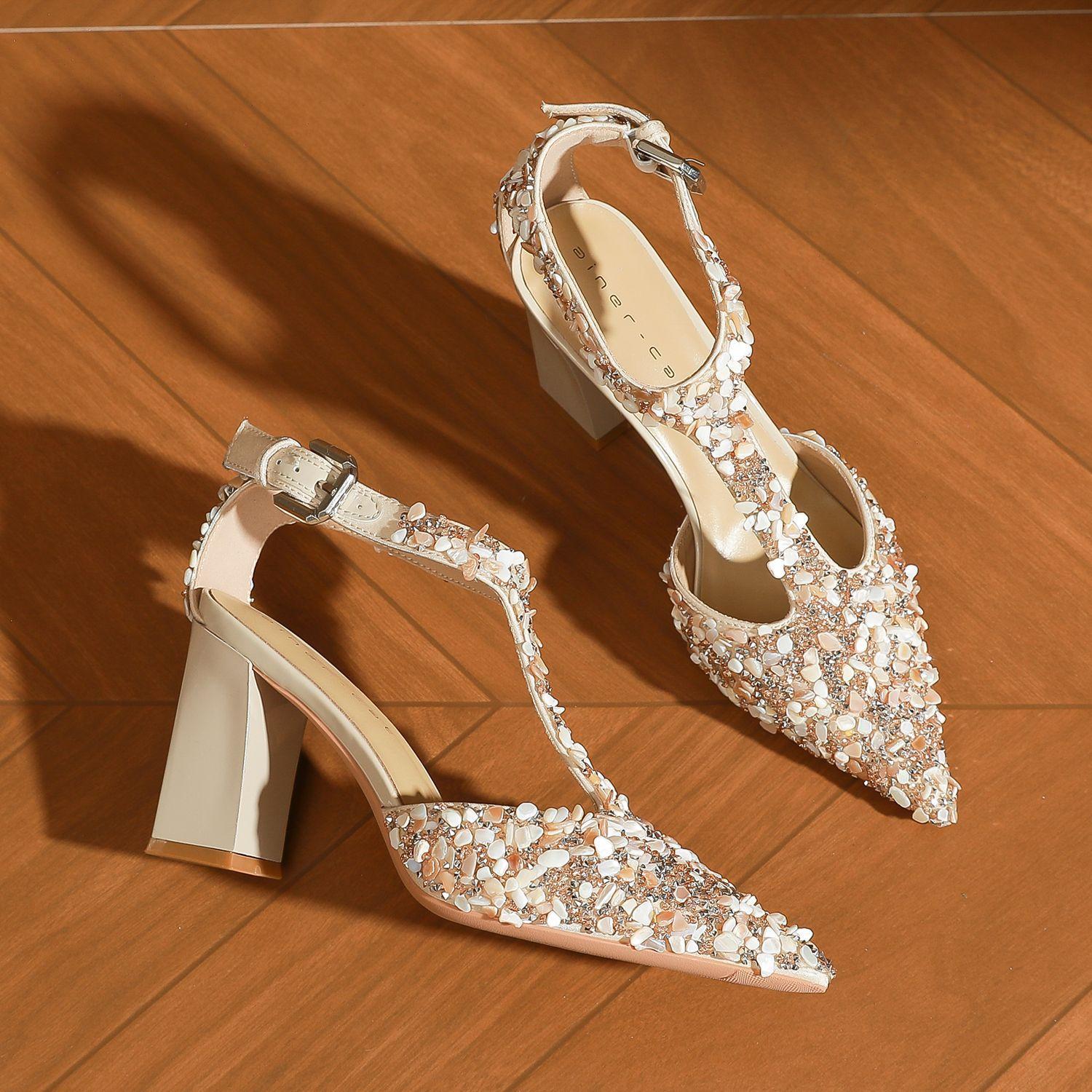 

89813 [sheepskin] high heels women s thick heels 2025 new French rhinestone pointed hollow shallow mouth single shoes 39