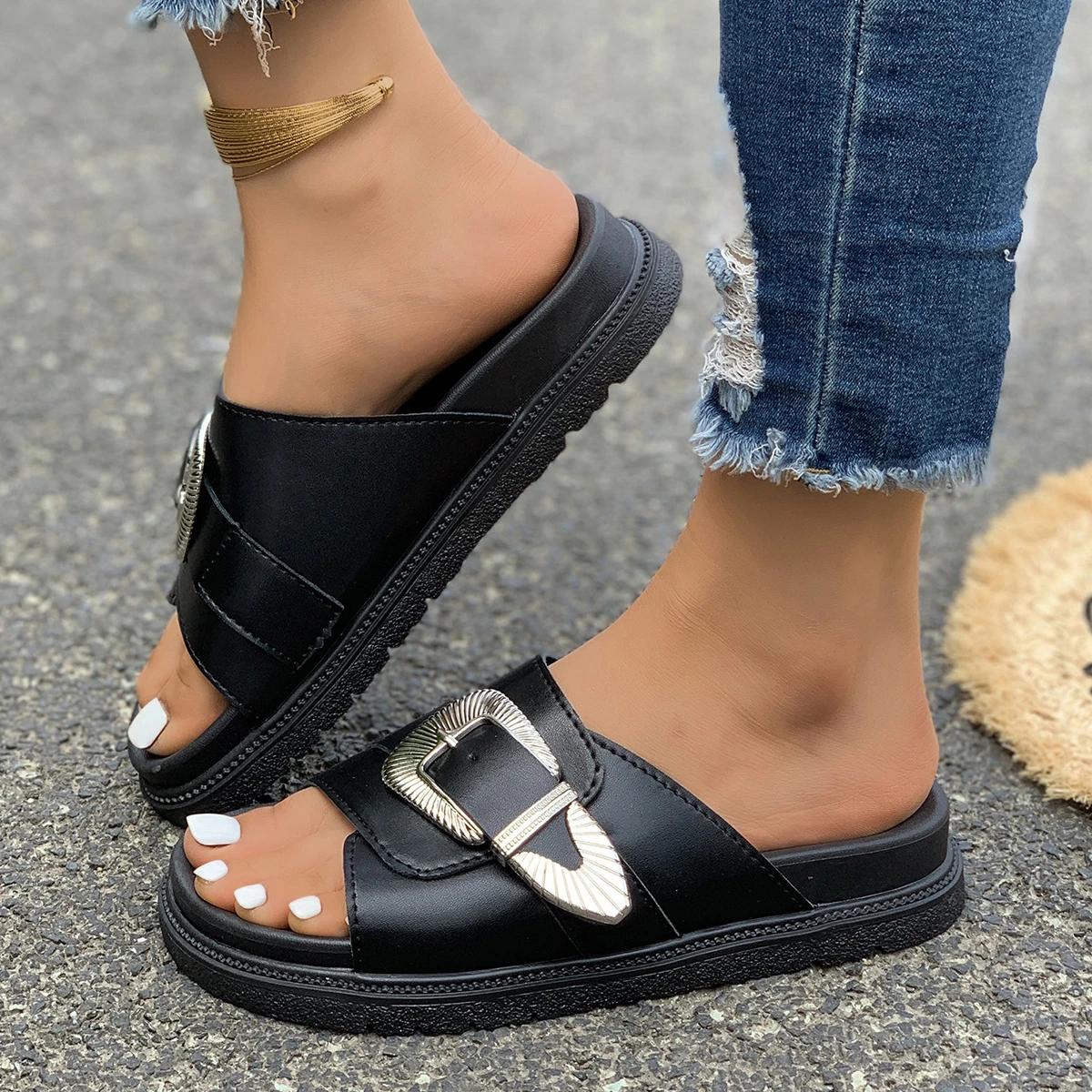 

Модная женская обувь 2024 года, горячая распродажа, женские тапочки с пряжкой на ремне, модные повседневные тапочки с открытым носком, женские тапочки с круглым носком на плоской подошве 40 чёрный