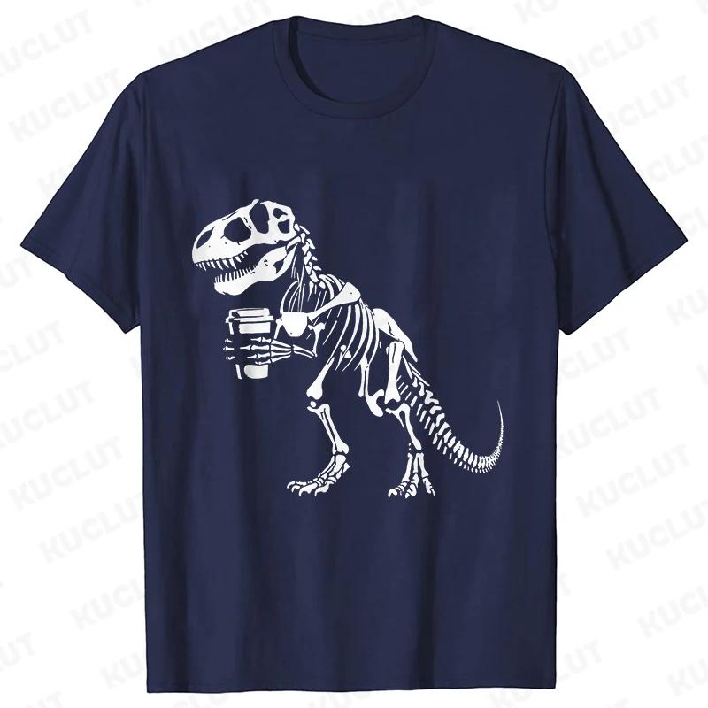 Funny Skeleton Dinosaur Shirt for Men Dinosaur Coffee T-shirts Short Sleeve Fashion Casual Funny Tee Skeleton Halloween Shirts