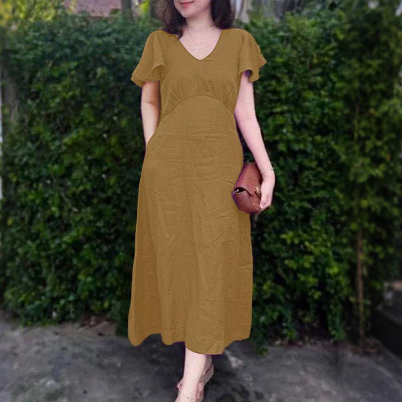 

ZANZEA Женское летнее повседневное платье с V-образным вырезом и короткими рукавами свободного кроя 5XL хаки