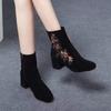Fashion boots 2025 autumn and winter new black matte leather ethnic style embroidered pointed middle heel retro embroidered boots