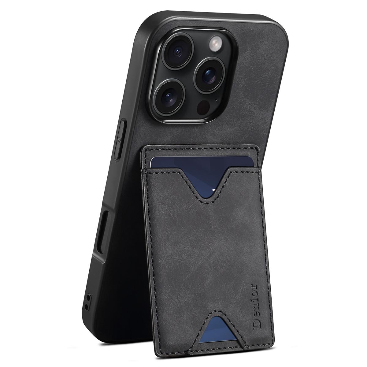 DENIOR For iPhone 16 Pro Case Leather+TPU Card Slot Kickstand Phone Cover A
