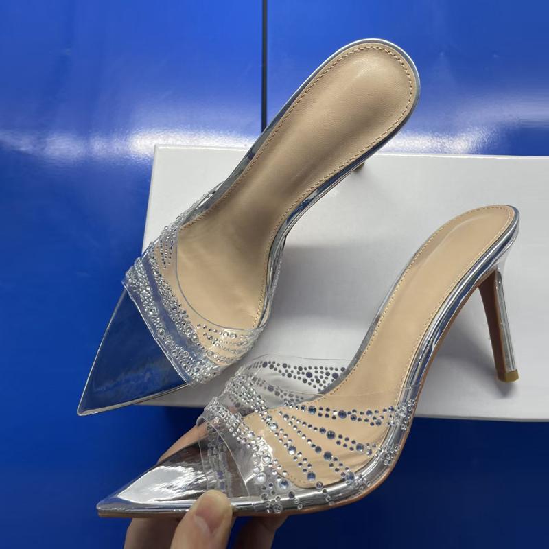 Liyke 7CM/8.5CM Women Fashion Catwalk Transparent Slipper Crystal Rhinestone High Heels Mules Sexy Pointed Toe Party Dress Shoes