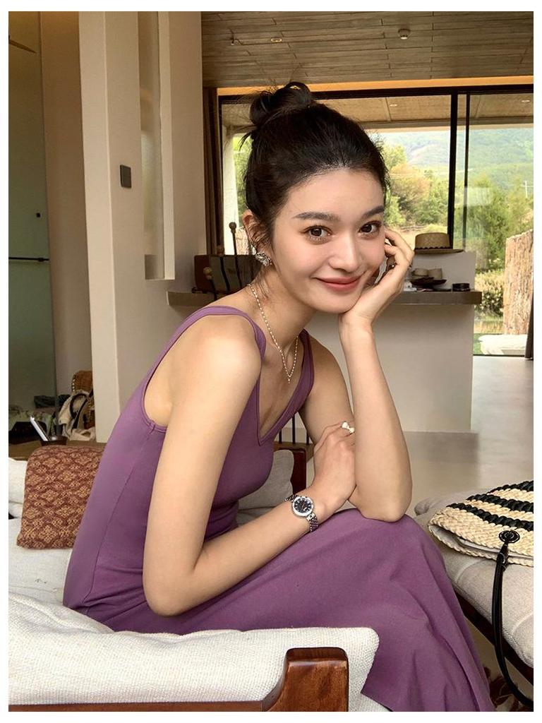 Dopamine Purple V-Neck Ice Silk Knitted Sleeveless Tank Dress for Women - Summer Vacation Style