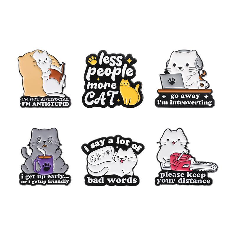Adorable Cartoon Cat Series Metal Badge Cute Fun English Phrase Animal Brooch