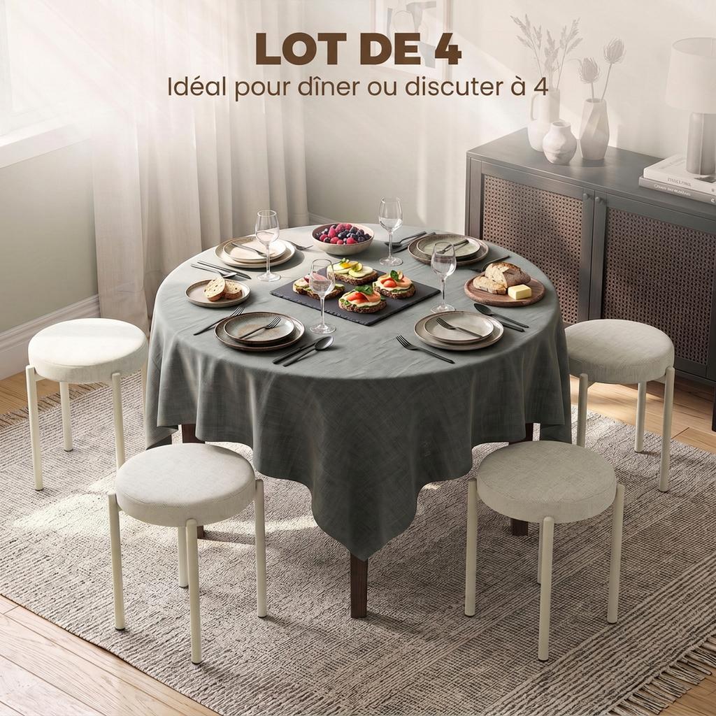 Stackable Stools, Set of 4, Round, Padded Seat, No Backrest, 45 x 45 x 47.5 cm, Cream