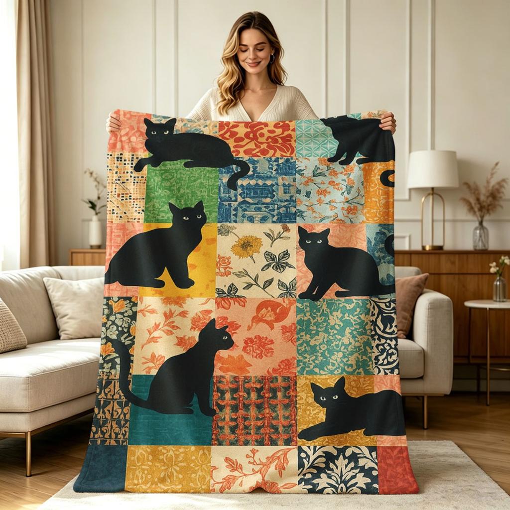 All Season Flannel Fleece Blanket with Vintage Patchwork Black Cat Floral Print Soft Warm Lightweight Cozy Throw Blanket for Couch Sofa Chair Bed Offi