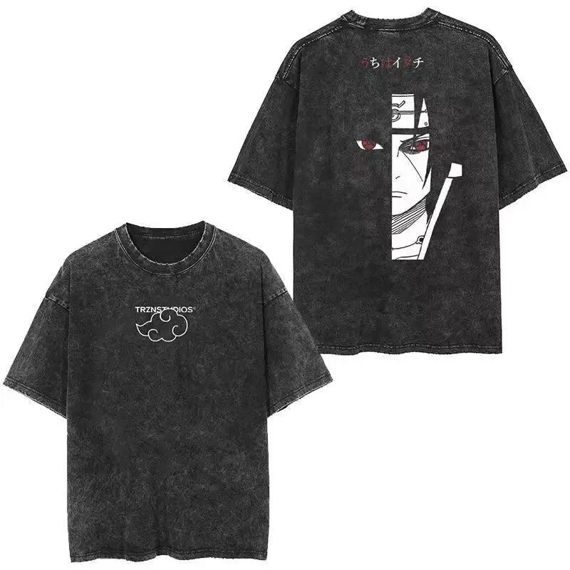 Baumwolle Herren Vintage Japan Anime Print Oversize T-Shirt Streetwear Harajuku Sommer Schwarz Kurzarmhemd Locker Baumwolle Oberteile T-Shirts