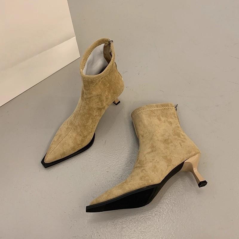 French high-heeled pointed suede khaki short boots women's new autumn and winter boots Korean small naked boots