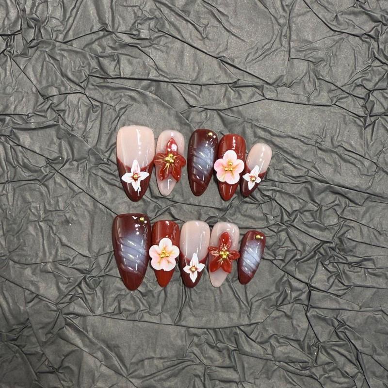 Hand-Painted Acrylic Nail Tips Almond Shape With Floral Gradient Design Women Small